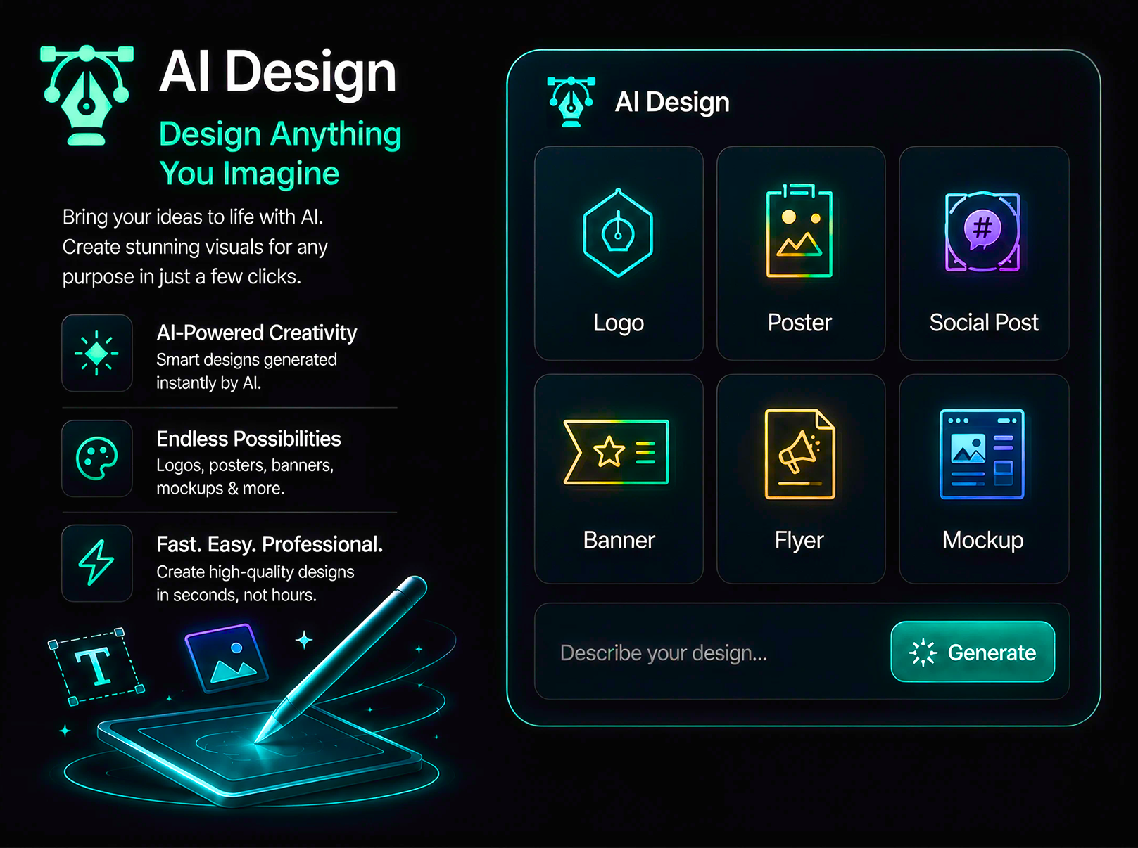The AI Design tool with logo, poster, social post, banner, flyer and mockup options