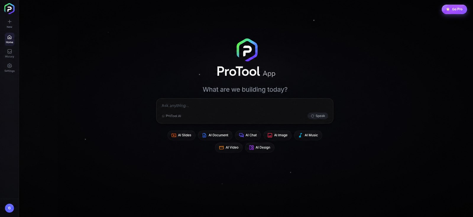 The Protool App dashboard, with the AI tool picker